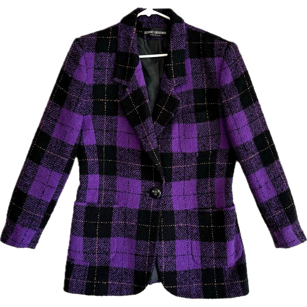 HERBERT GROSSMAN Vintage USA Nubby Jacket Women's Size 10 Purple Black Plaid
